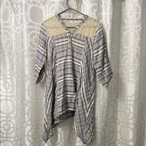 Umgee Blue V-neck 3/4 Sleeve Tunic Dress with Asymmetrical Hem